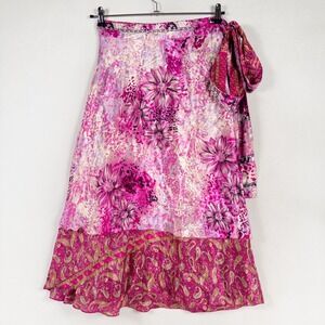 Bohemian Paisley Floral Wrap Midi Skirt Pink Satin One Size Reversible Flowy